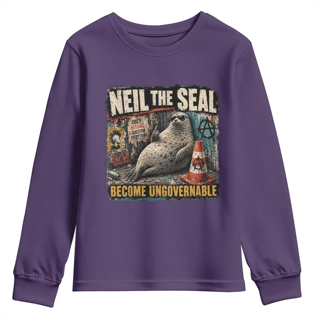 Edgy Neil the Seal Become Ungovernable Graffiti Graphic Youth Sweatshirt Sarcastic Rebel Viral Chaotic Elephant Seal Sunglasses Meme TS02 Purple Print Your Wear