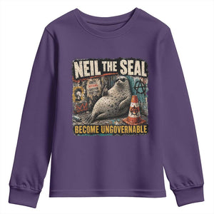 Edgy Neil the Seal Become Ungovernable Graffiti Graphic Youth Sweatshirt Sarcastic Rebel Viral Chaotic Elephant Seal Sunglasses Meme TS02 Purple Print Your Wear