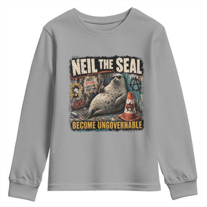 Edgy Neil the Seal Become Ungovernable Graffiti Graphic Youth Sweatshirt Sarcastic Rebel Viral Chaotic Elephant Seal Sunglasses Meme TS02 Sport Gray Print Your Wear