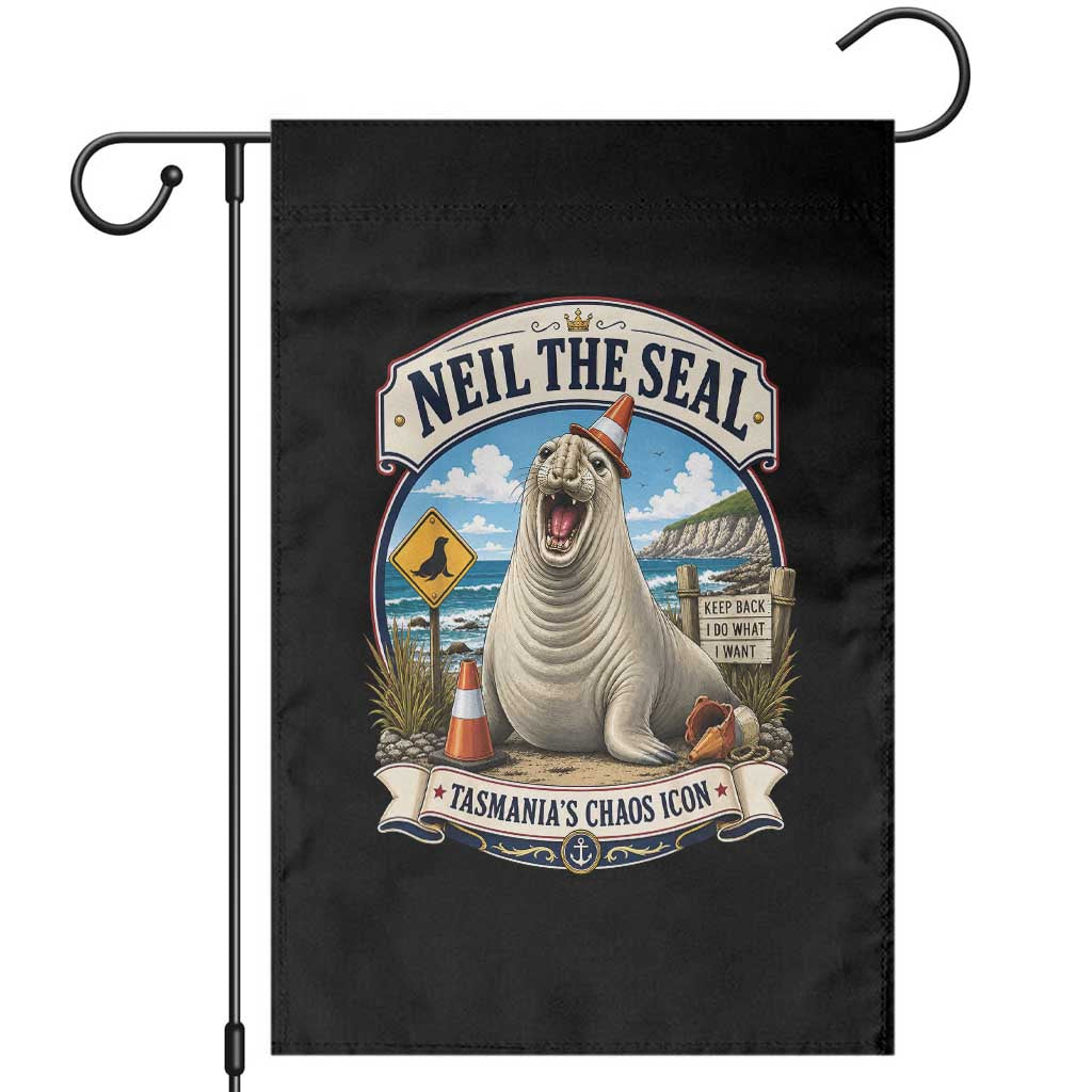 Retro Neil the Seal Tasmanias Chaos Icon Garden Flag Funny Roaring Elephant Seal Traffic Cone Meme TS02 Black Print Your Wear