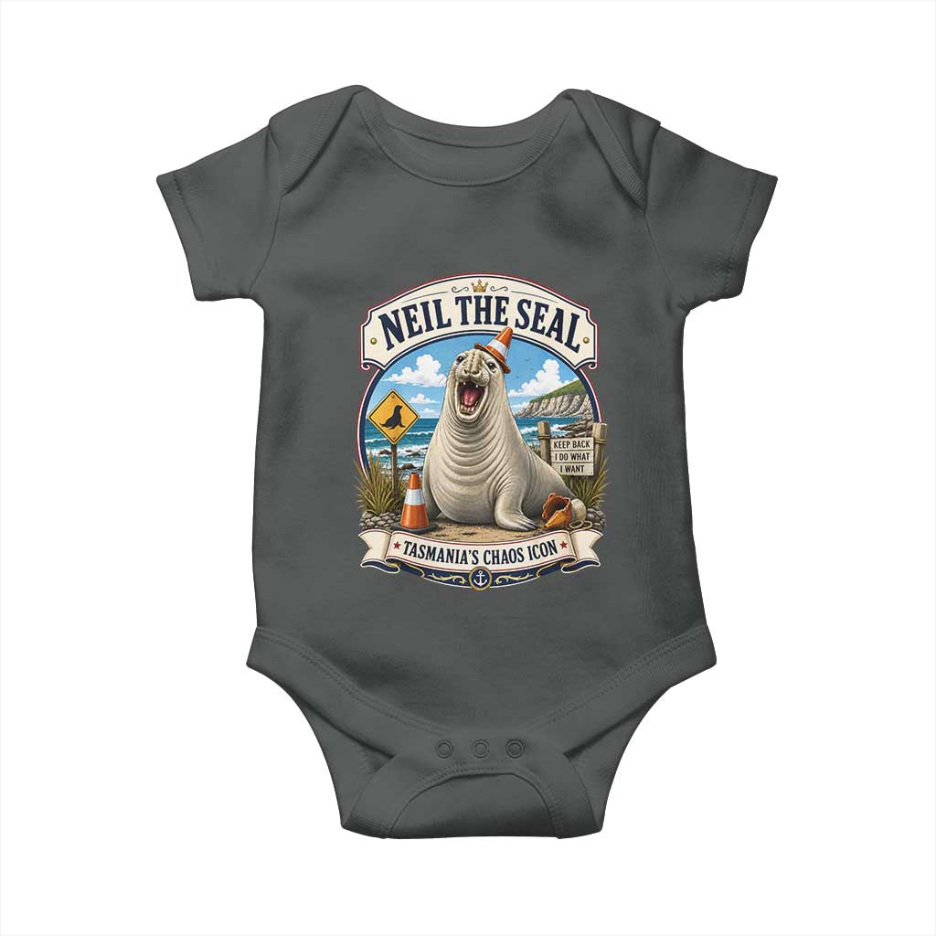 Retro Neil the Seal Tasmanias Chaos Icon Baby Onesie Funny Roaring Elephant Seal Traffic Cone Meme