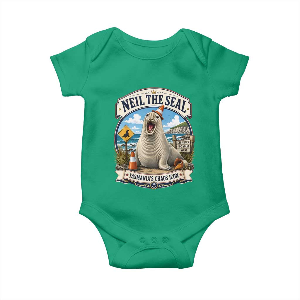 Retro Neil the Seal Tasmanias Chaos Icon Baby Onesie Funny Roaring Elephant Seal Traffic Cone Meme