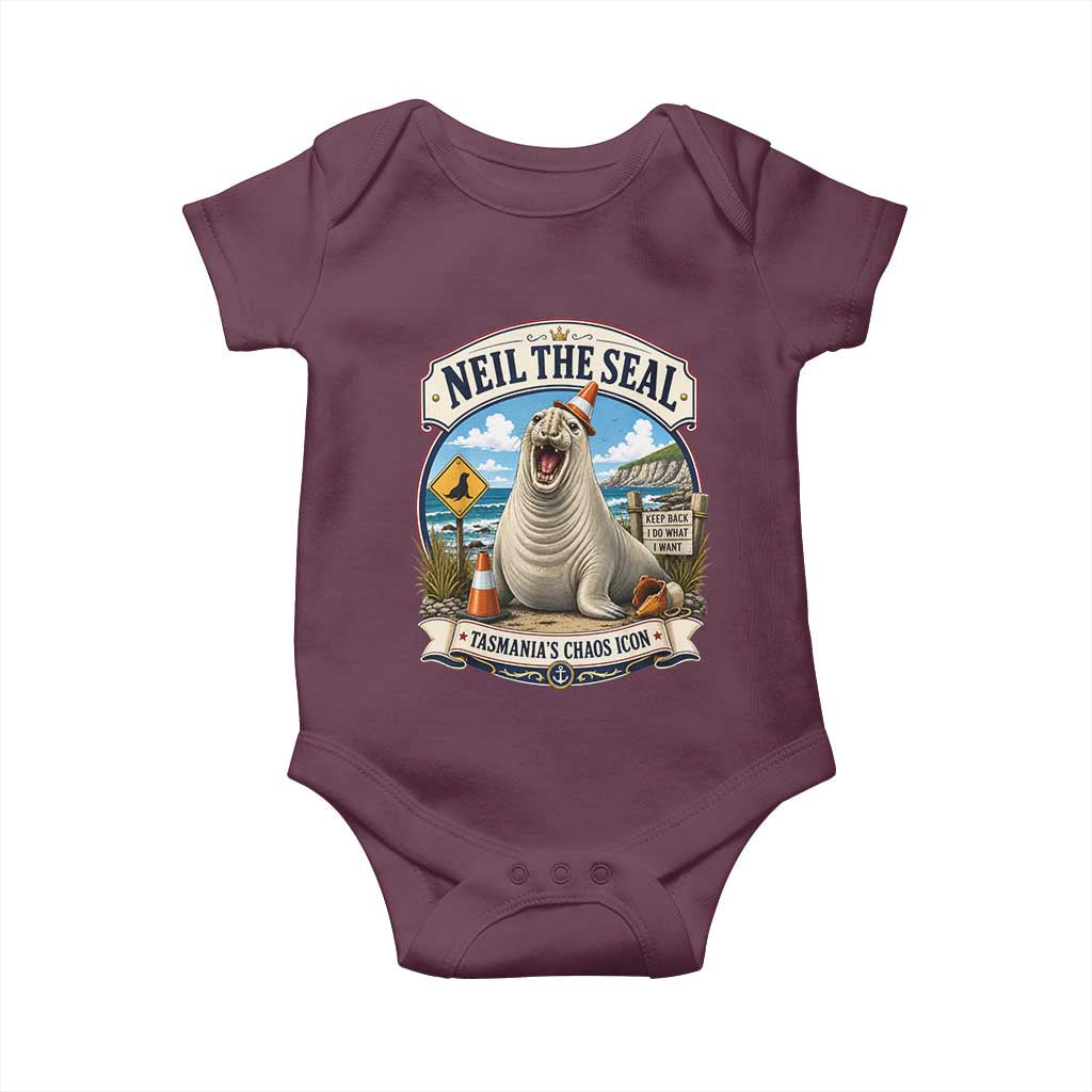 Retro Neil the Seal Tasmanias Chaos Icon Baby Onesie Funny Roaring Elephant Seal Traffic Cone Meme
