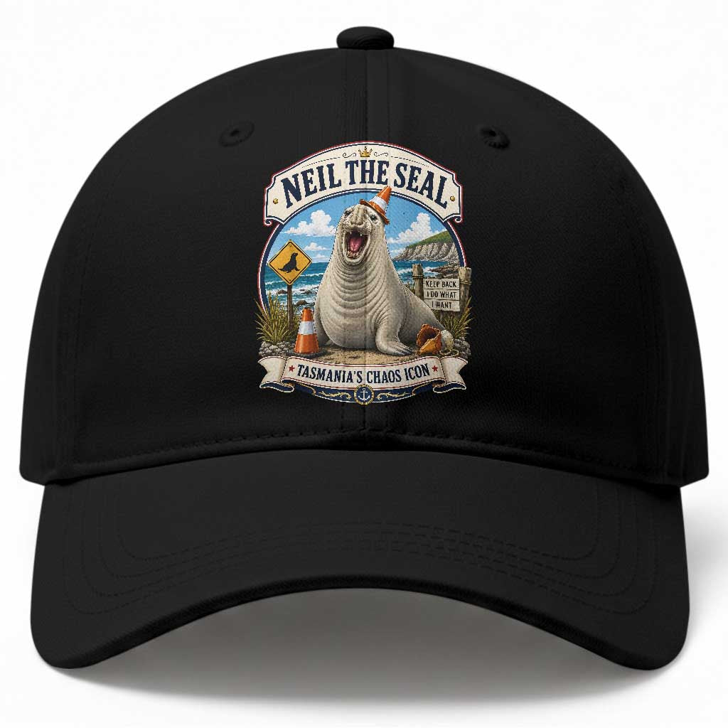 Retro Neil the Seal Tasmanias Chaos Icon Baseball Cap Funny Roaring Elephant Seal Traffic Cone Meme TS02 Print Your Wear