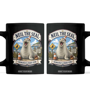 Retro Neil the Seal Tasmanias Chaos Icon Coffee Mug Funny Roaring Elephant Seal Traffic Cone Meme TS02 Black Print Your Wear