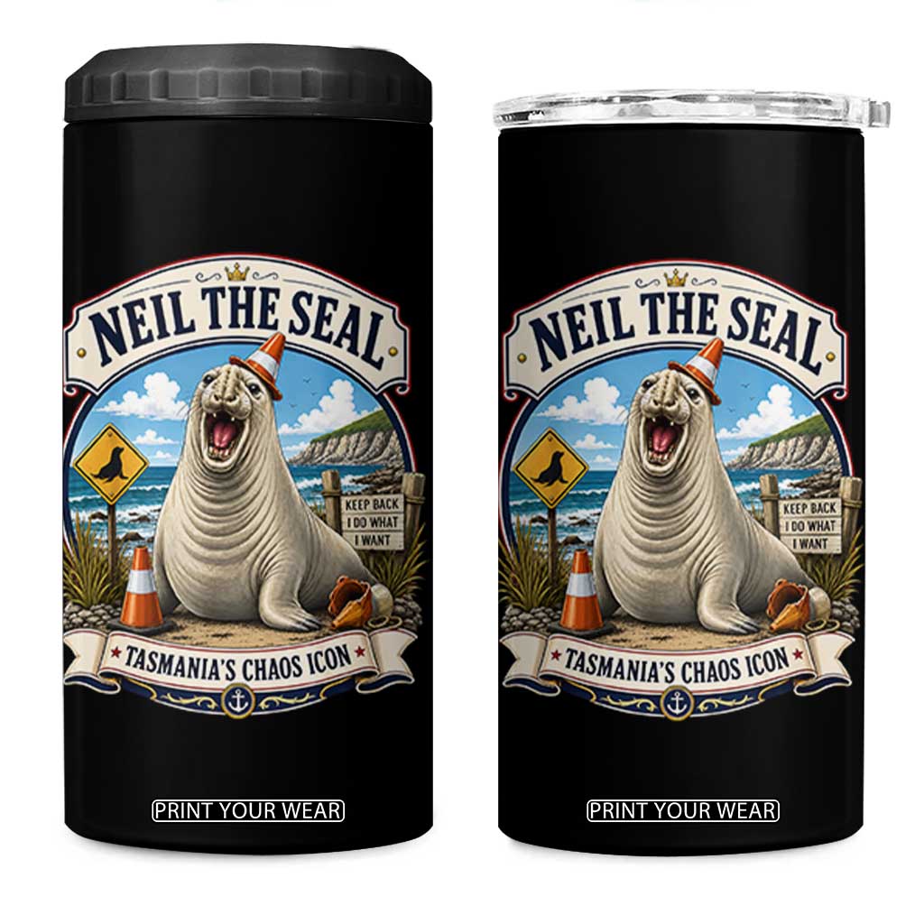 Retro Neil the Seal Tasmanias Chaos Icon 4 in 1 Can Cooler Tumbler Funny Roaring Elephant Seal Traffic Cone Meme TS02 One Size: 16 oz Black Print Your Wear