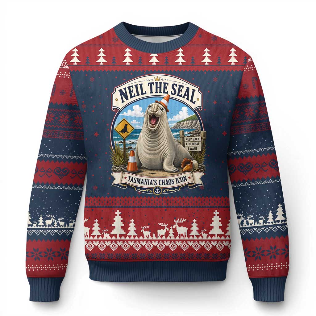 Retro Neil the Seal Tasmanias Chaos Icon Ugly Christmas Sweater Funny Roaring Elephant Seal Traffic Cone Meme TS02 Navy Red Print Your Wear