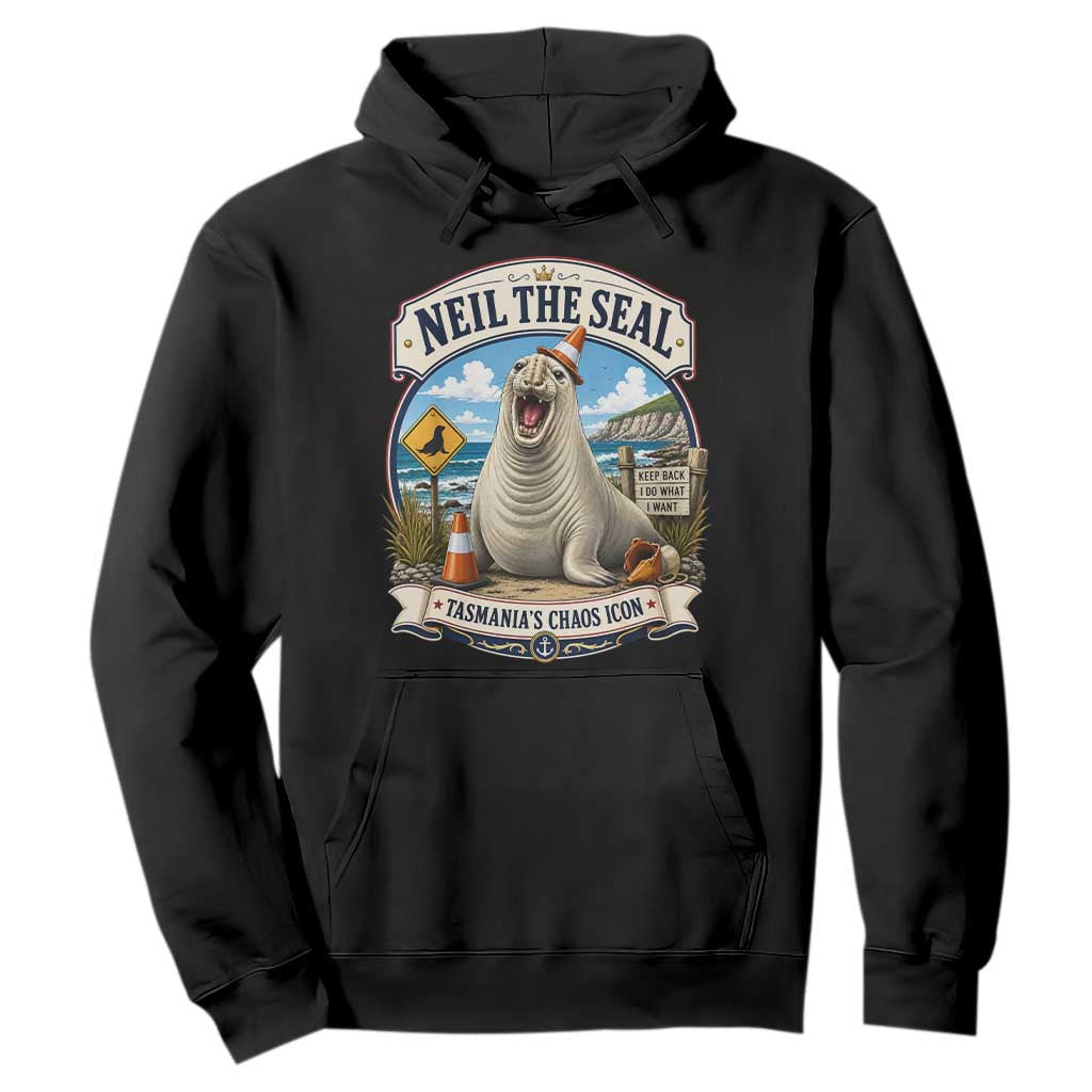 Retro Neil the Seal Tasmanias Chaos Icon Hoodie Funny Roaring Elephant Seal Traffic Cone Meme