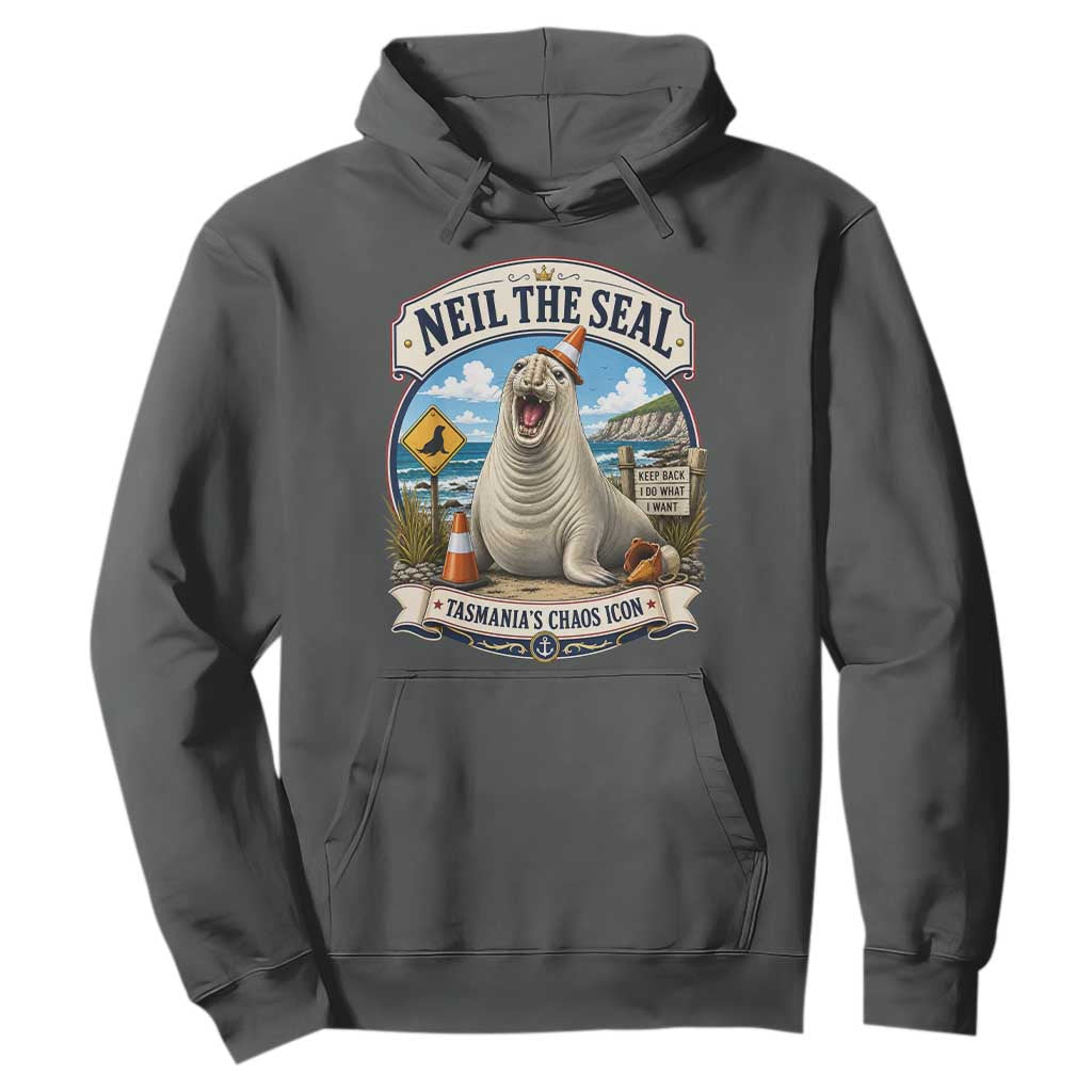 Retro Neil the Seal Tasmanias Chaos Icon Hoodie Funny Roaring Elephant Seal Traffic Cone Meme