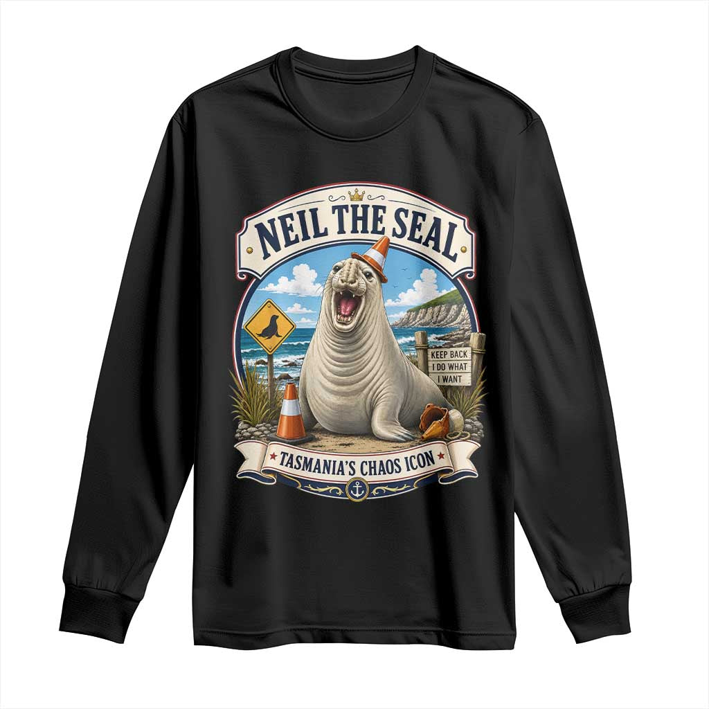 Retro Neil the Seal Tasmanias Chaos Icon Long Sleeve Shirt Funny Roaring Elephant Seal Traffic Cone Meme