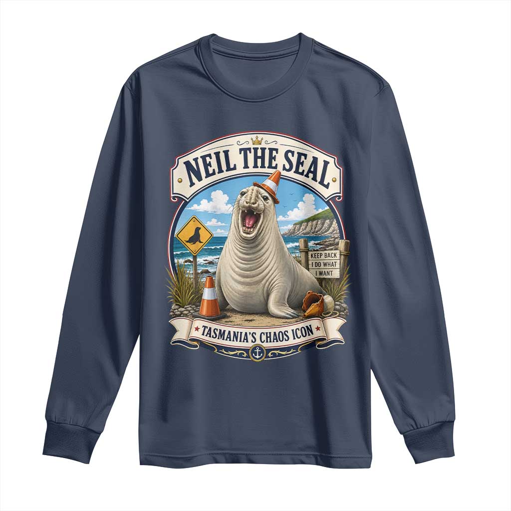 Retro Neil the Seal Tasmanias Chaos Icon Long Sleeve Shirt Funny Roaring Elephant Seal Traffic Cone Meme