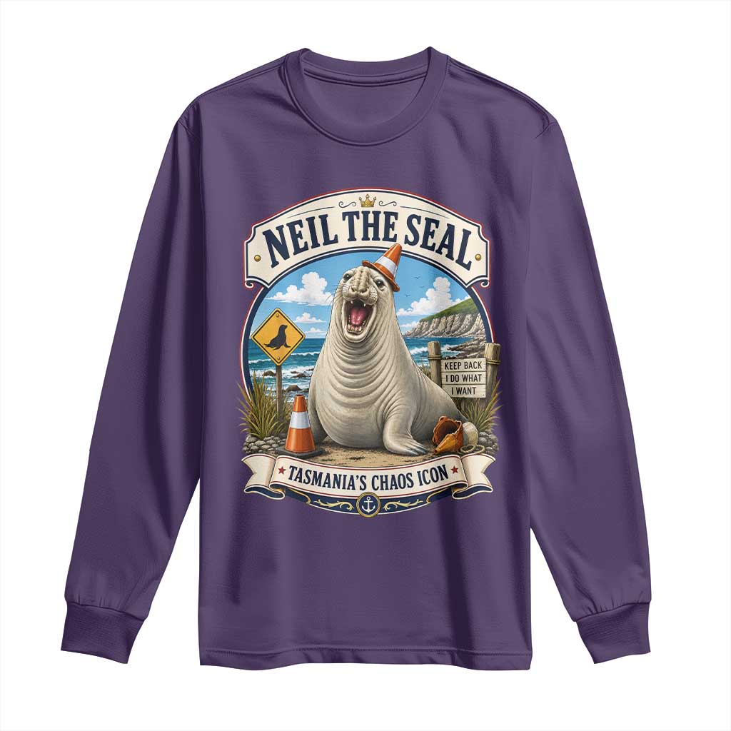 Retro Neil the Seal Tasmanias Chaos Icon Long Sleeve Shirt Funny Roaring Elephant Seal Traffic Cone Meme
