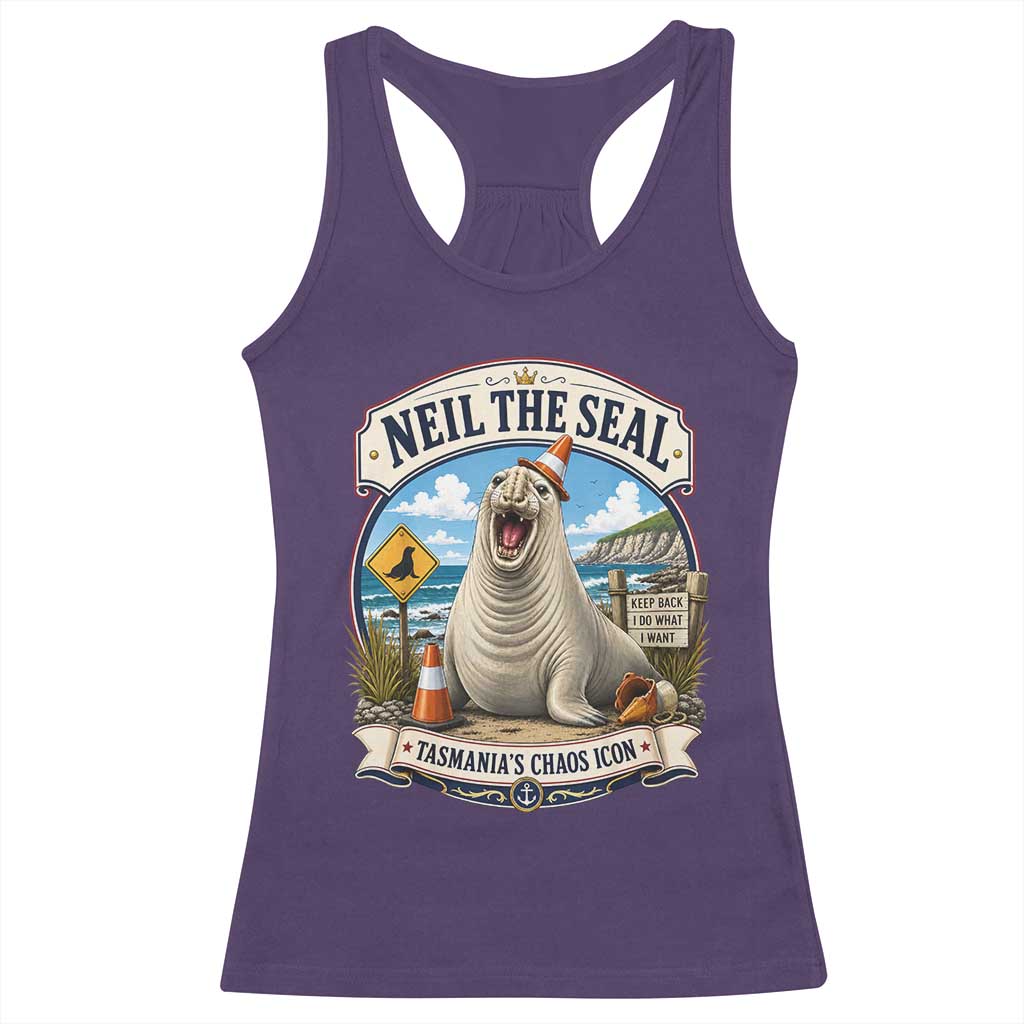 Retro Neil the Seal Tasmanias Chaos Icon Racerback Tank Top Funny Roaring Elephant Seal Traffic Cone Meme
