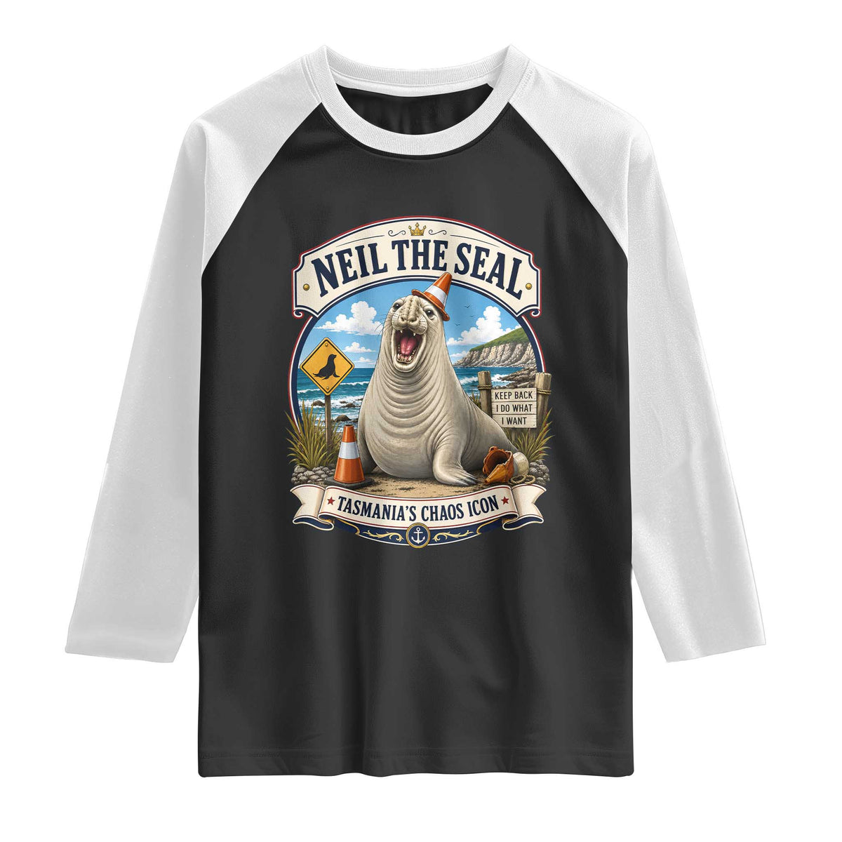 Retro Neil the Seal Tasmanias Chaos Icon Raglan Shirt Funny Roaring Elephant Seal Traffic Cone Meme