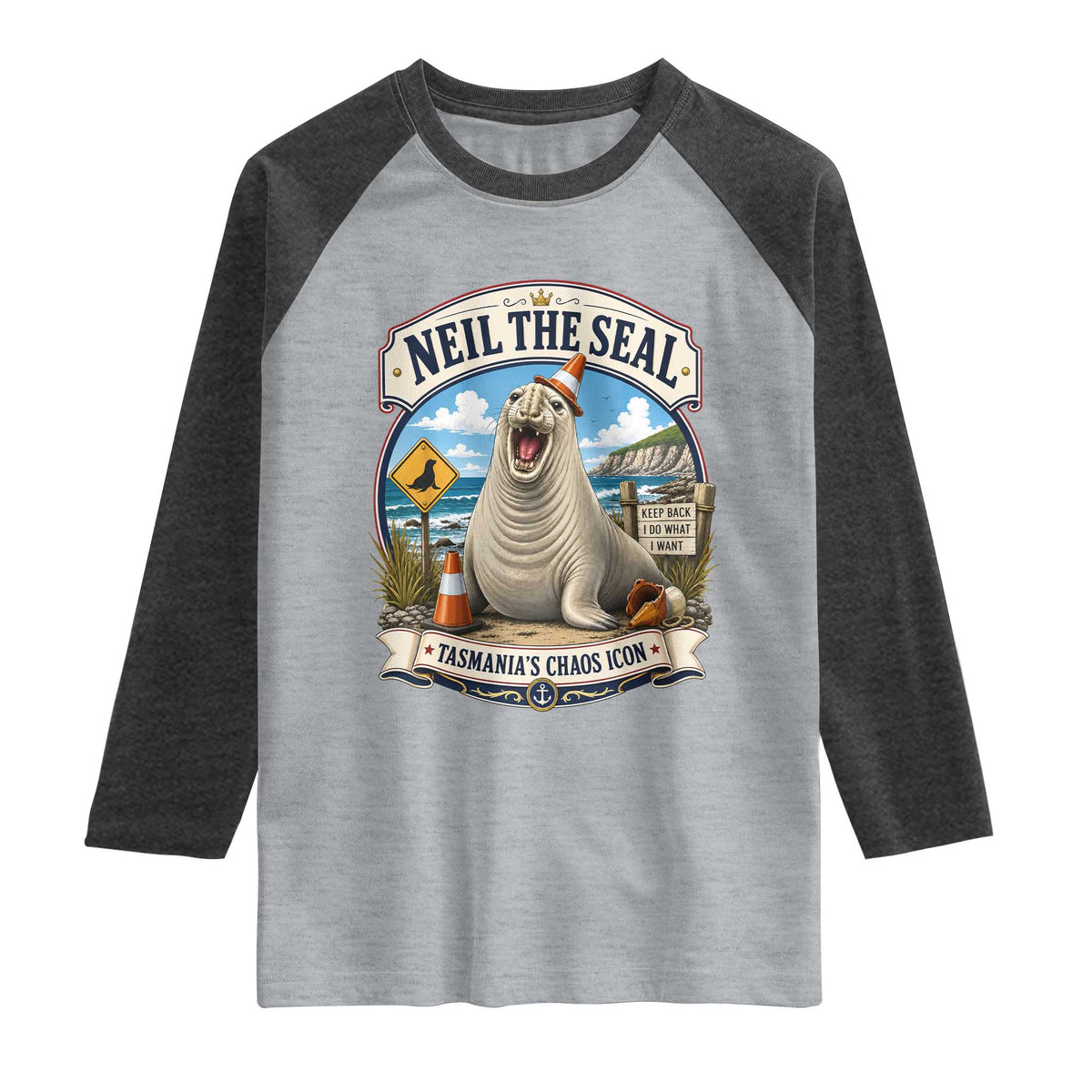 Retro Neil the Seal Tasmanias Chaos Icon Raglan Shirt Funny Roaring Elephant Seal Traffic Cone Meme