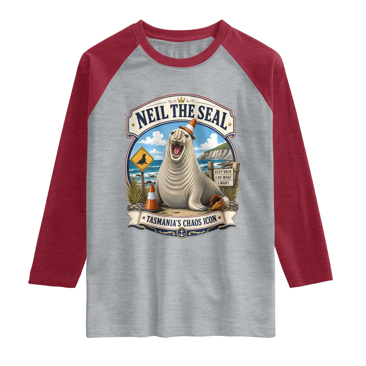 Retro Neil the Seal Tasmanias Chaos Icon Raglan Shirt Funny Roaring Elephant Seal Traffic Cone Meme