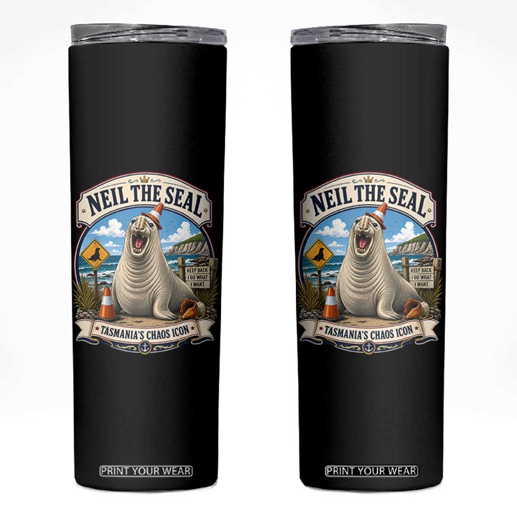 Retro Neil the Seal Tasmanias Chaos Icon Skinny Tumbler Funny Roaring Elephant Seal Traffic Cone Meme TS02 Black Print Your Wear