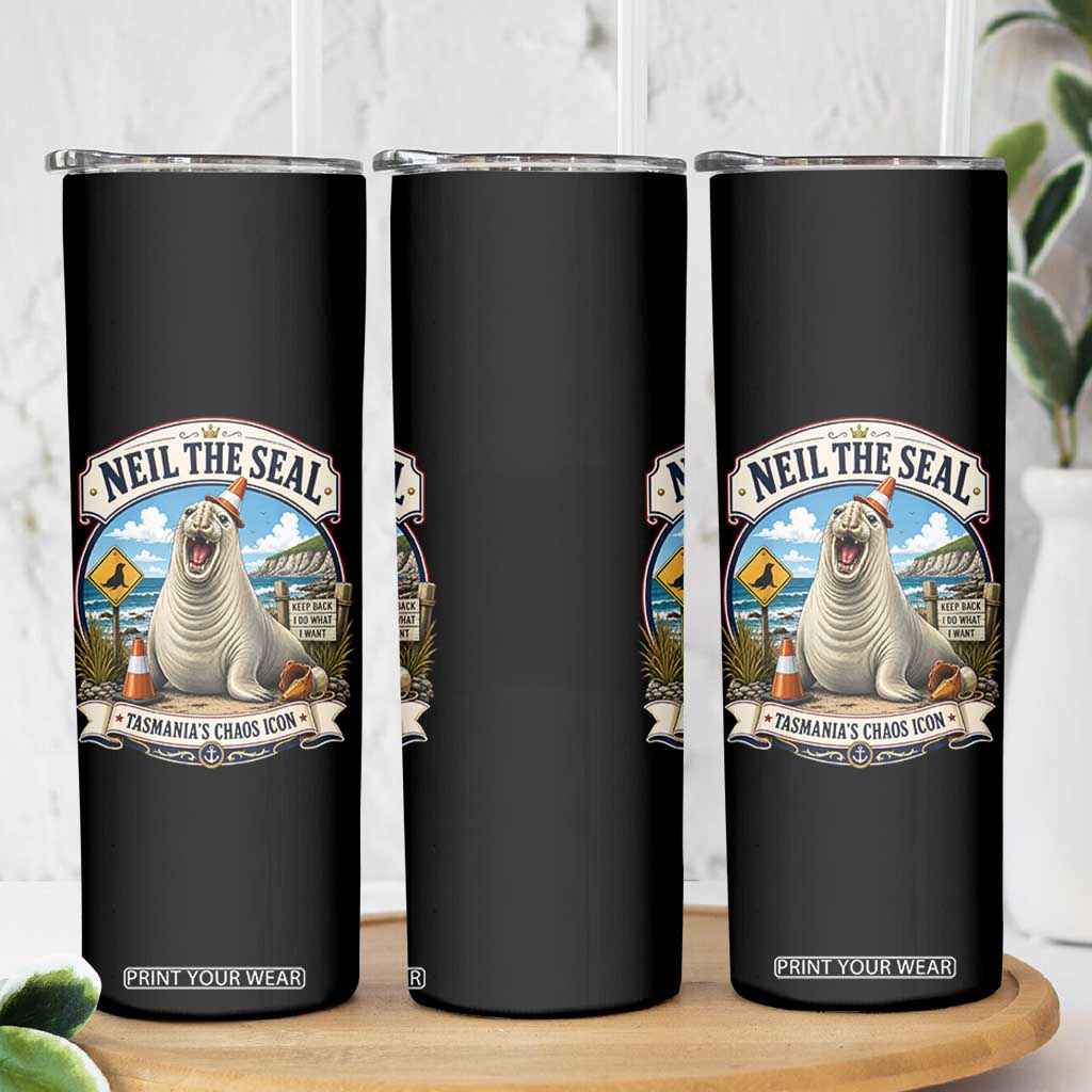Retro Neil the Seal Tasmanias Chaos Icon Skinny Tumbler Funny Roaring Elephant Seal Traffic Cone Meme TS02 Print Your Wear