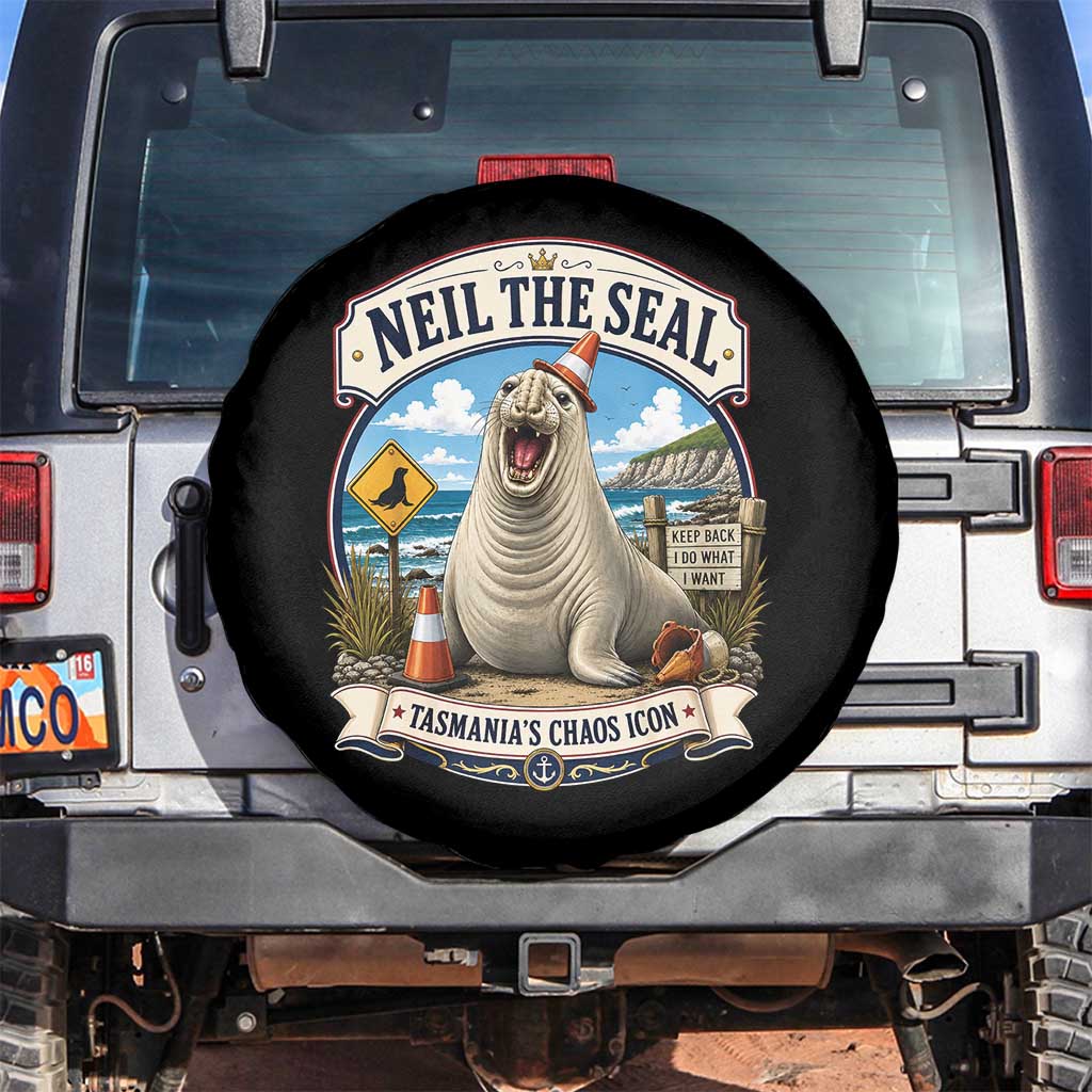 Retro Neil the Seal Tasmanias Chaos Icon Spare Tire Cover Funny Roaring Elephant Seal Traffic Cone Meme TS02 No hole Black Print Your Wear