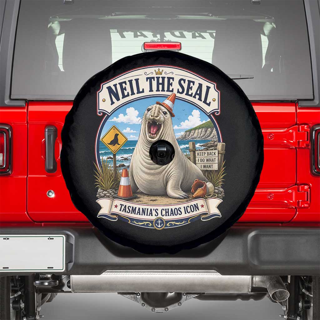 Retro Neil the Seal Tasmanias Chaos Icon Spare Tire Cover Funny Roaring Elephant Seal Traffic Cone Meme TS02 Black Print Your Wear