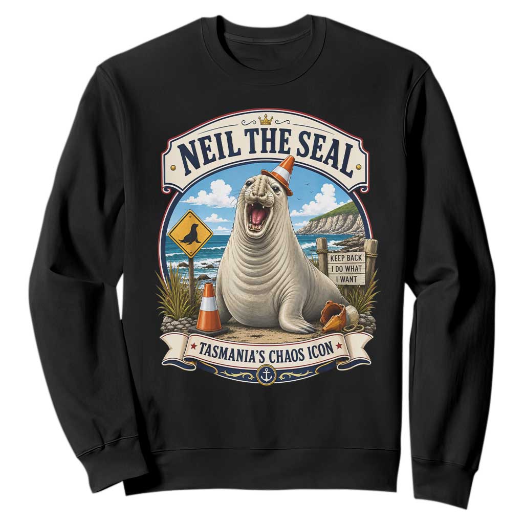 Retro Neil the Seal Tasmanias Chaos Icon Sweatshirt Funny Roaring Elephant Seal Traffic Cone Meme