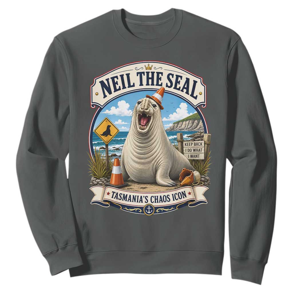Retro Neil the Seal Tasmanias Chaos Icon Sweatshirt Funny Roaring Elephant Seal Traffic Cone Meme