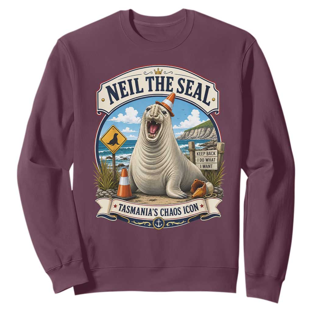 Retro Neil the Seal Tasmanias Chaos Icon Sweatshirt Funny Roaring Elephant Seal Traffic Cone Meme