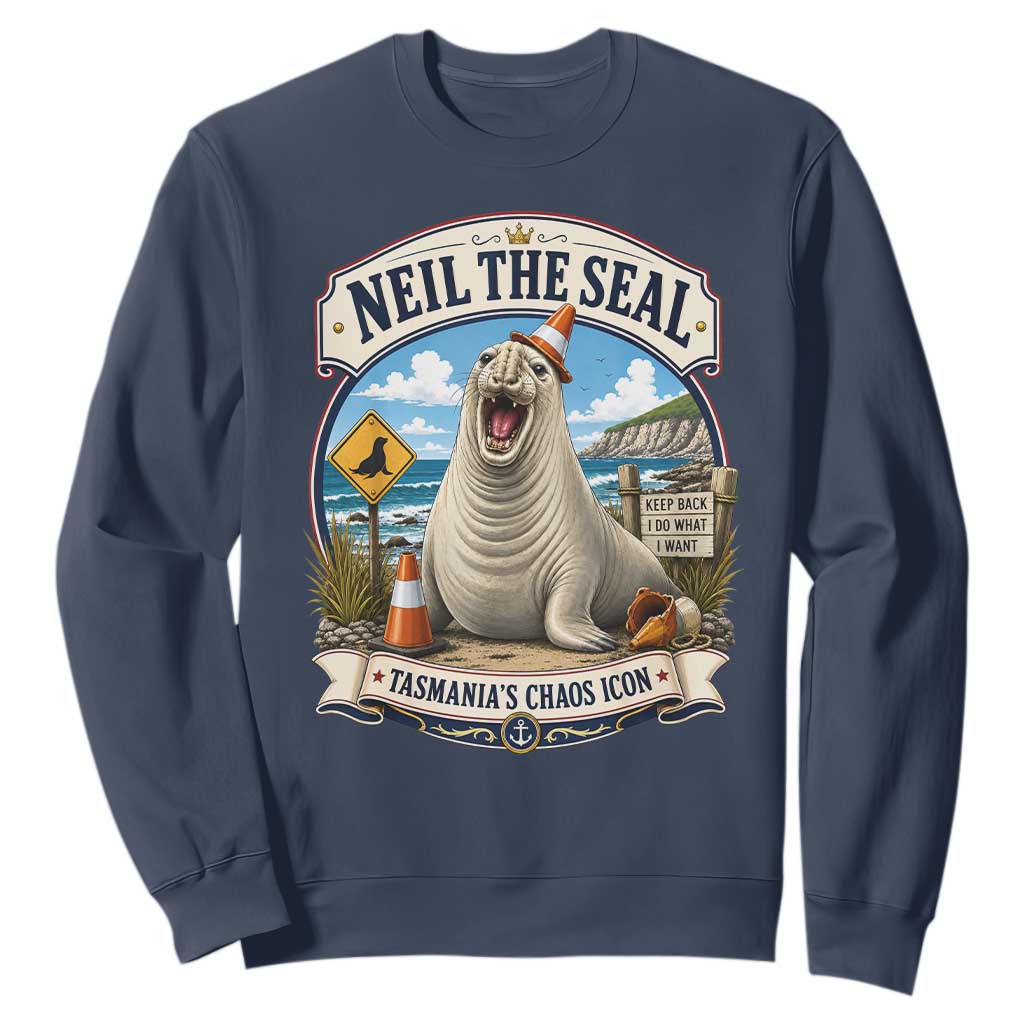 Retro Neil the Seal Tasmanias Chaos Icon Sweatshirt Funny Roaring Elephant Seal Traffic Cone Meme