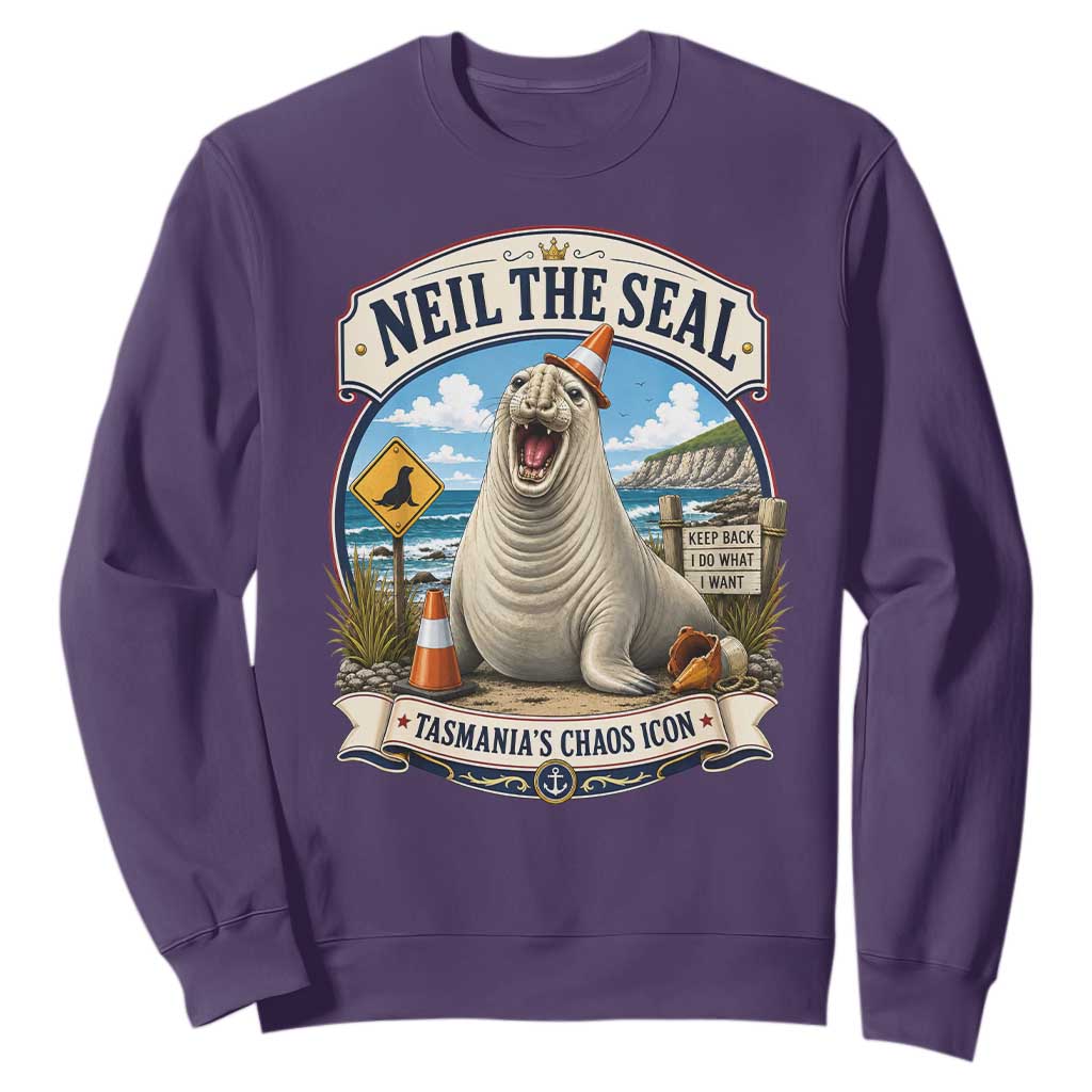 Retro Neil the Seal Tasmanias Chaos Icon Sweatshirt Funny Roaring Elephant Seal Traffic Cone Meme
