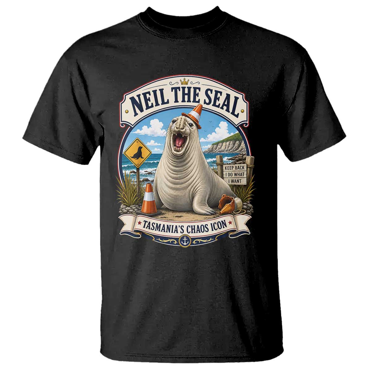 Retro Neil the Seal Tasmanias Chaos Icon T Shirt Funny Roaring Elephant Seal Traffic Cone Meme