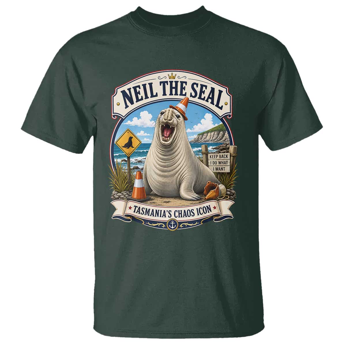 Retro Neil the Seal Tasmanias Chaos Icon T Shirt Funny Roaring Elephant Seal Traffic Cone Meme
