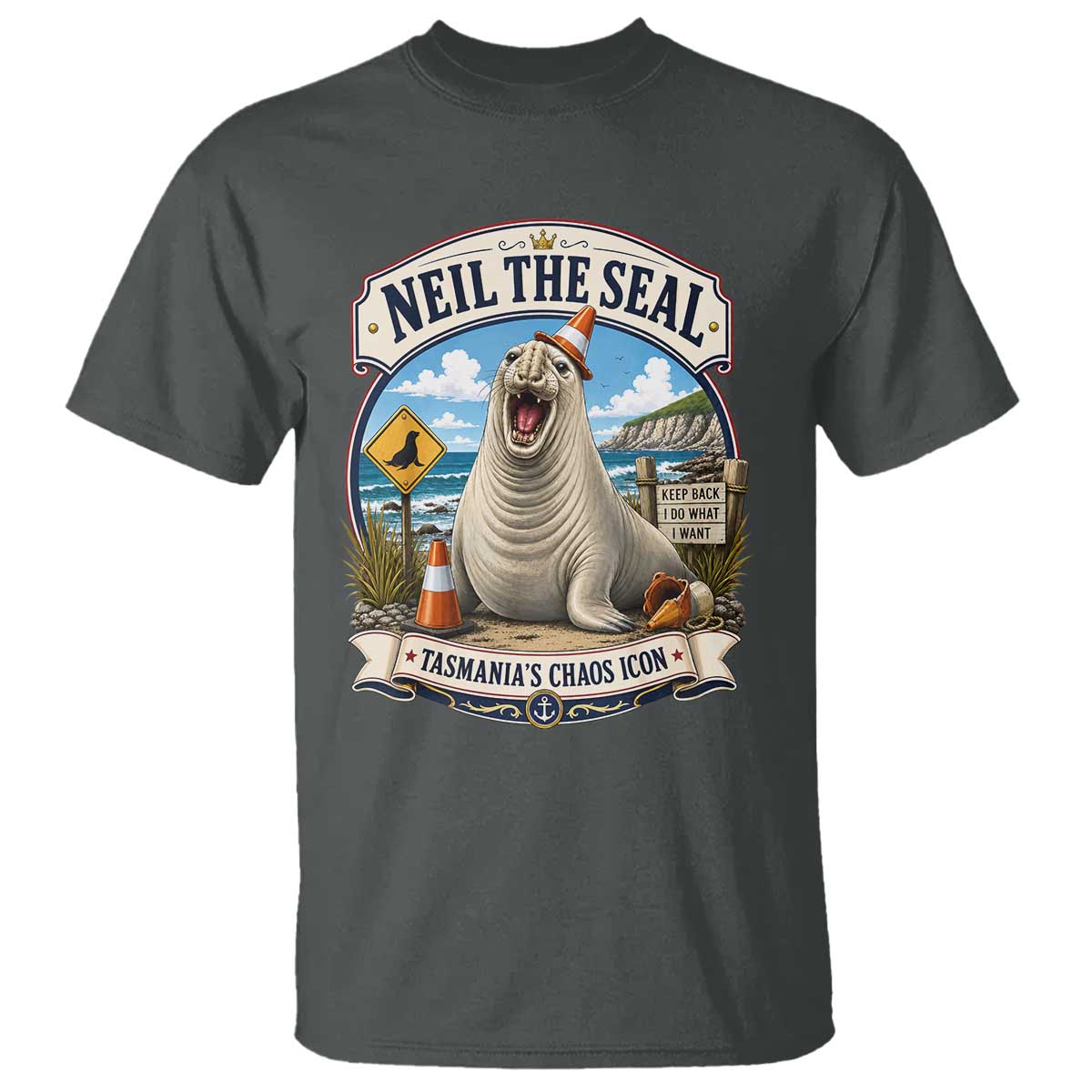 Retro Neil the Seal Tasmanias Chaos Icon T Shirt Funny Roaring Elephant Seal Traffic Cone Meme