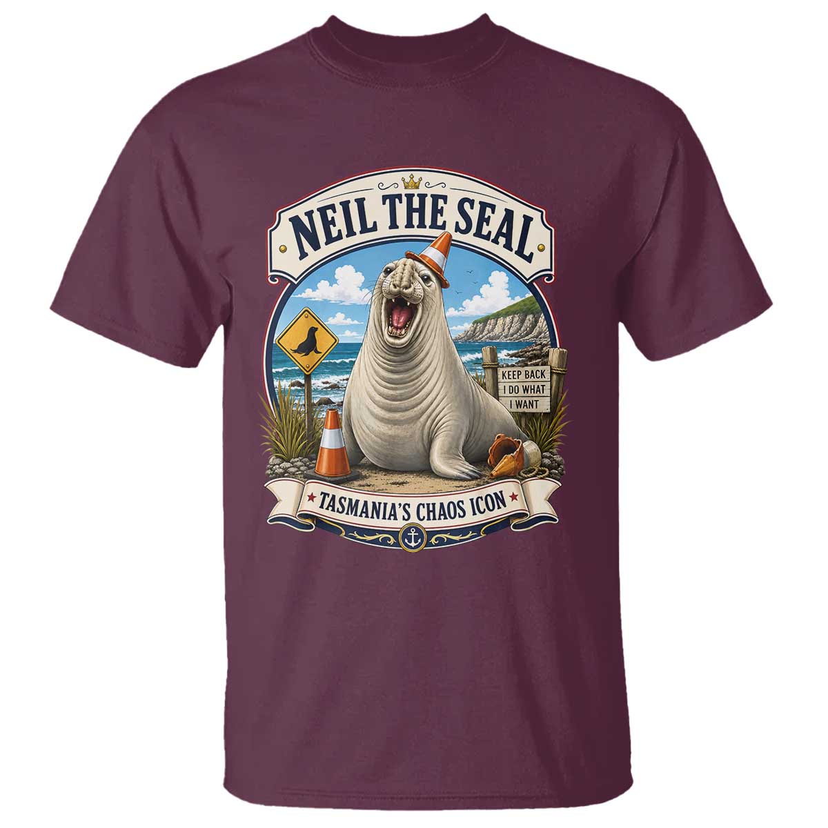 Retro Neil the Seal Tasmanias Chaos Icon T Shirt Funny Roaring Elephant Seal Traffic Cone Meme