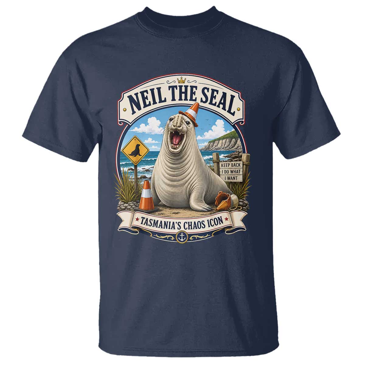 Retro Neil the Seal Tasmanias Chaos Icon T Shirt Funny Roaring Elephant Seal Traffic Cone Meme