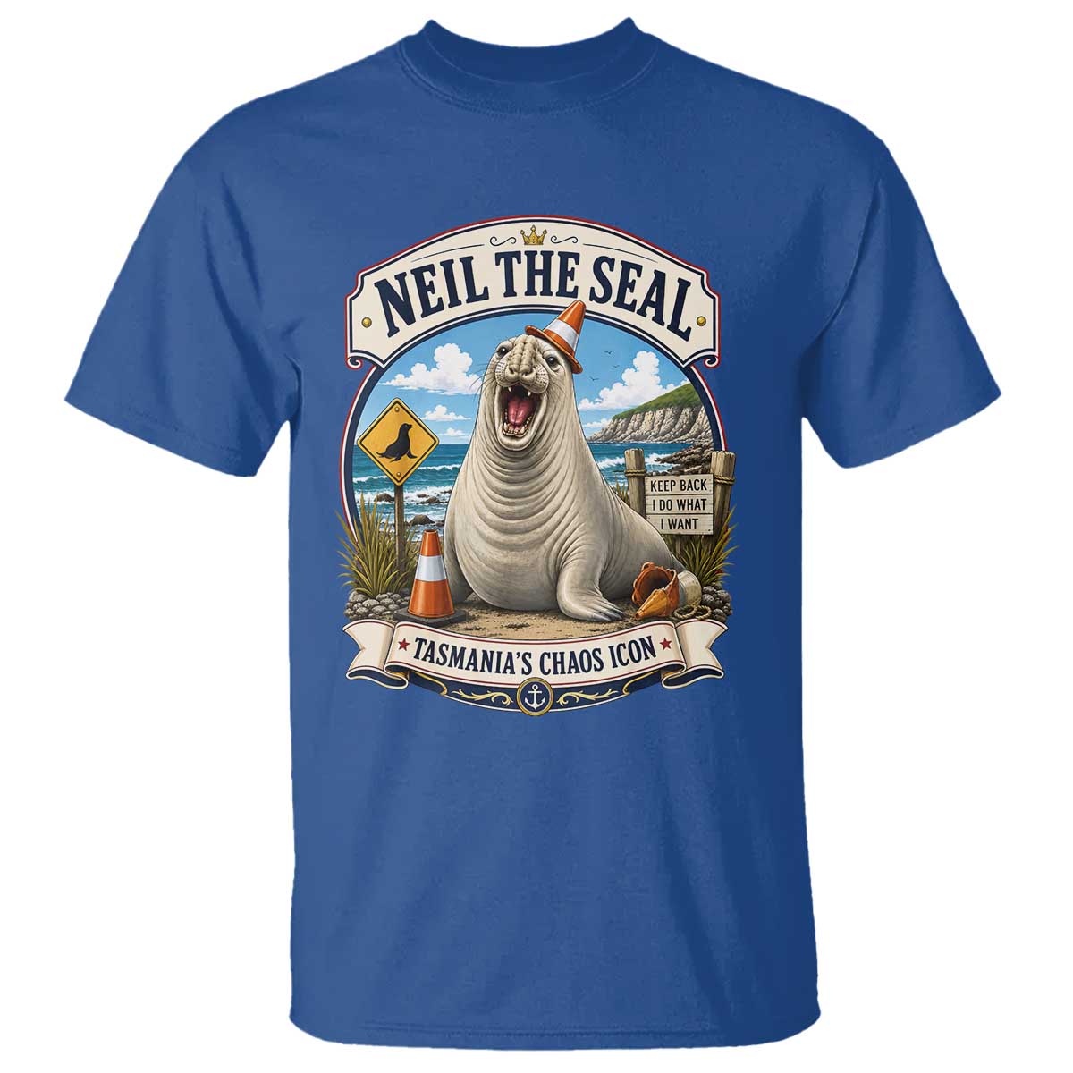 Retro Neil the Seal Tasmanias Chaos Icon T Shirt Funny Roaring Elephant Seal Traffic Cone Meme