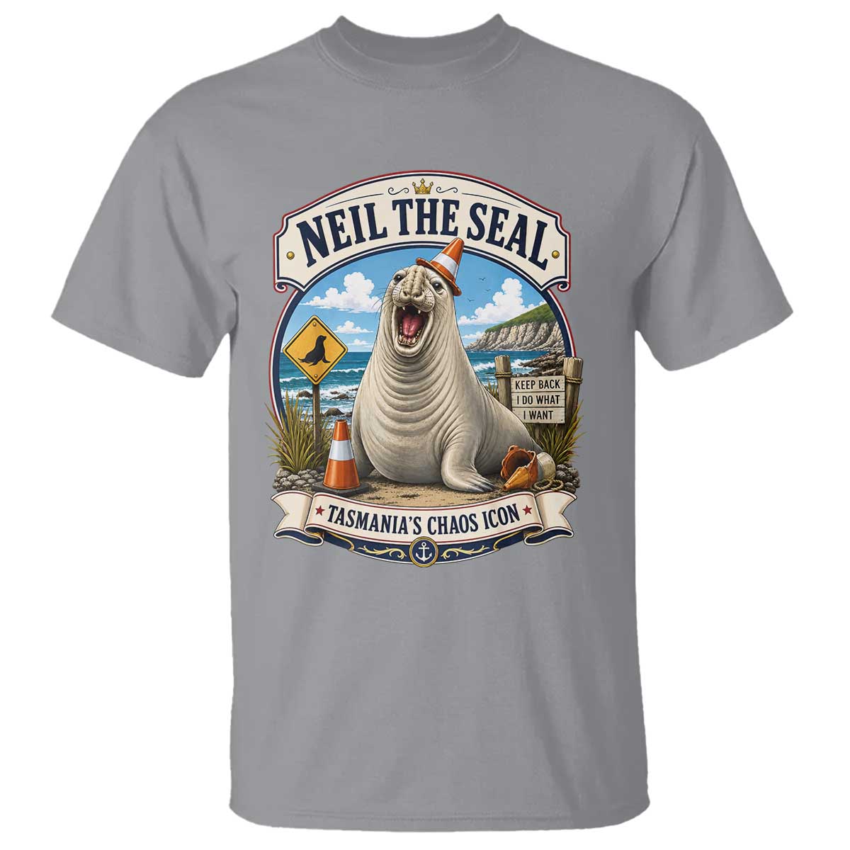 Retro Neil the Seal Tasmanias Chaos Icon T Shirt Funny Roaring Elephant Seal Traffic Cone Meme