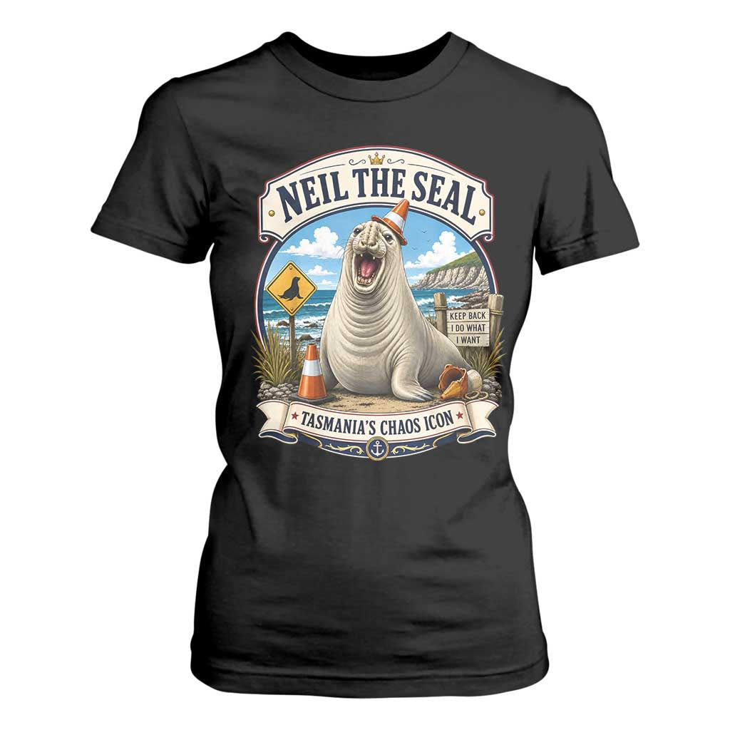 Retro Neil the Seal Tasmanias Chaos Icon T Shirt For Women Funny Roaring Elephant Seal Traffic Cone Meme TS02 Black Print Your Wear
