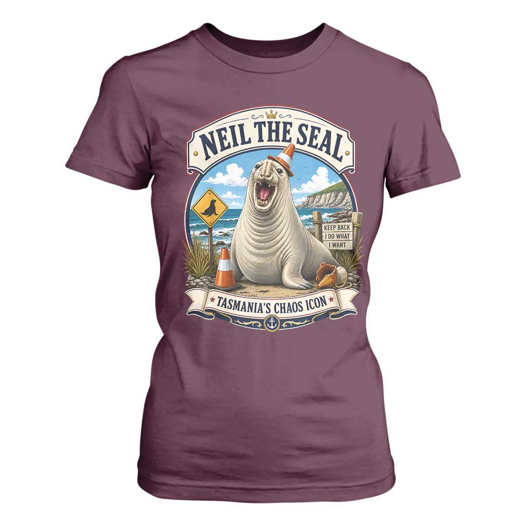 Retro Neil the Seal Tasmanias Chaos Icon T Shirt For Women Funny Roaring Elephant Seal Traffic Cone Meme