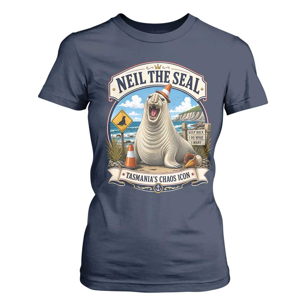 Retro Neil the Seal Tasmanias Chaos Icon T Shirt For Women Funny Roaring Elephant Seal Traffic Cone Meme