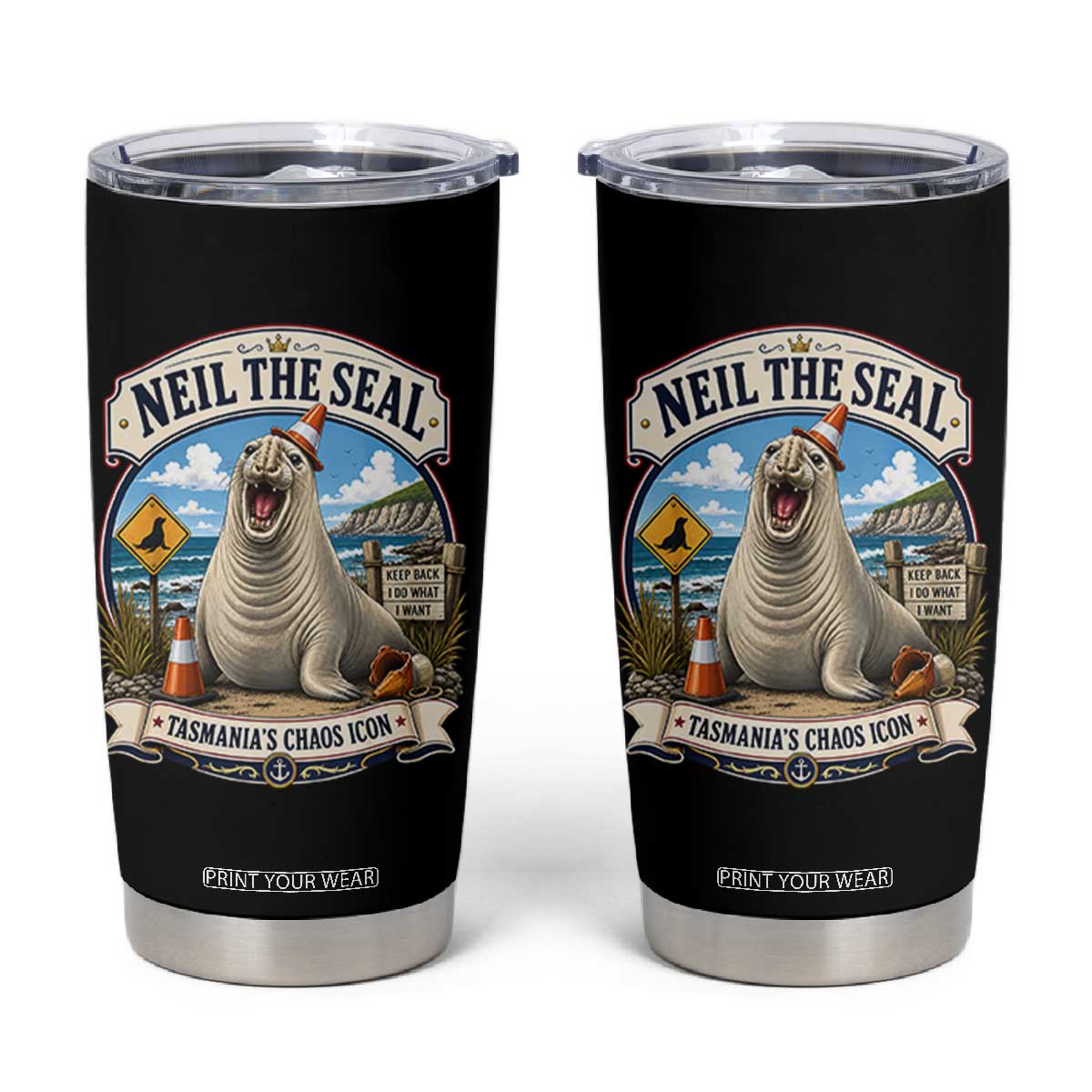 Retro Neil the Seal Tasmanias Chaos Icon Tumbler Cup Funny Roaring Elephant Seal Traffic Cone Meme TS02 Black Print Your Wear