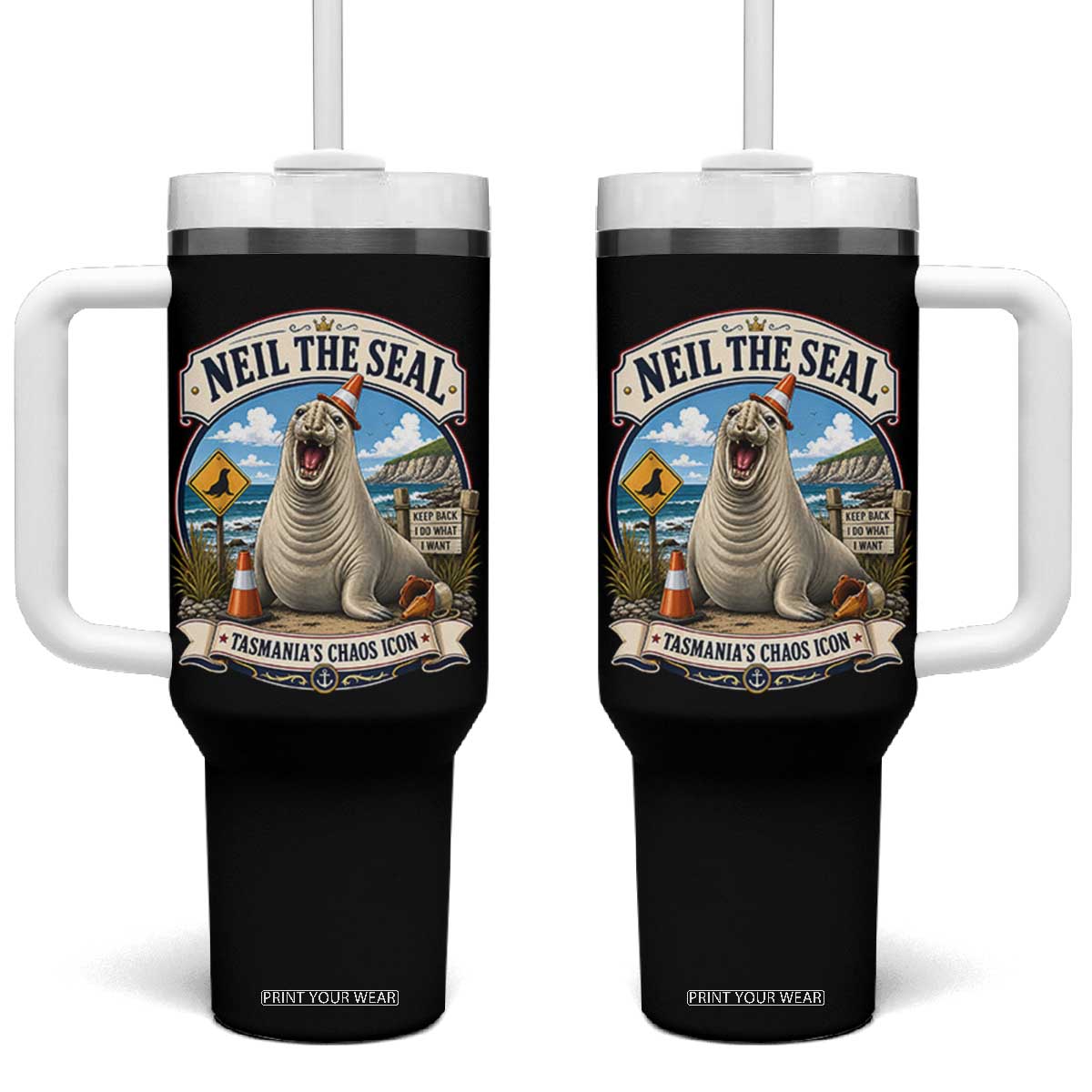 Retro Neil the Seal Tasmanias Chaos Icon Tumbler With Handle Funny Roaring Elephant Seal Traffic Cone Meme TS02 One Size: 40 oz Black Print Your Wear