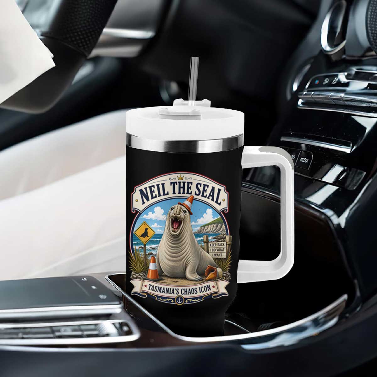 Retro Neil the Seal Tasmanias Chaos Icon Tumbler With Handle Funny Roaring Elephant Seal Traffic Cone Meme TS02 Print Your Wear