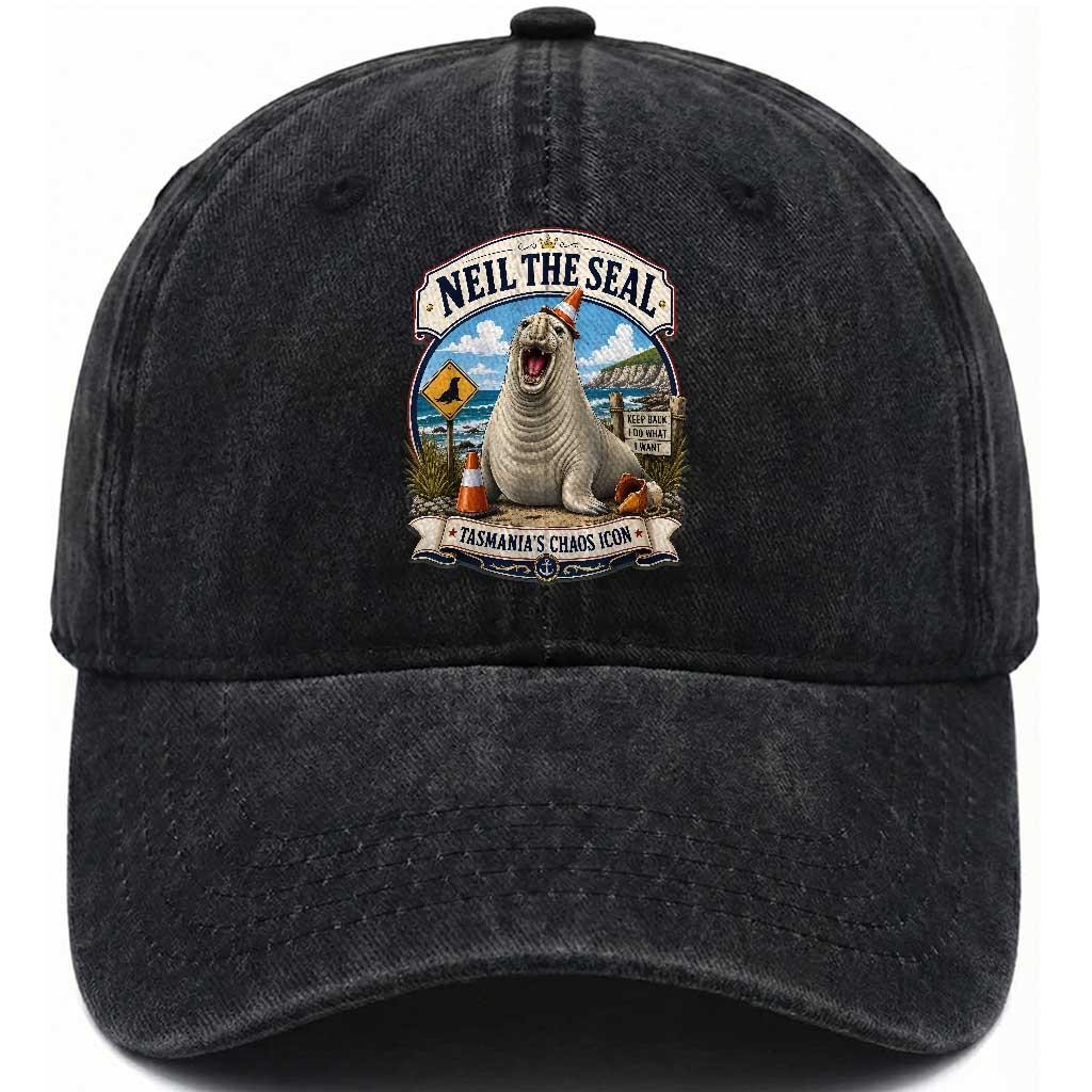 Retro Neil the Seal Tasmanias Chaos Icon Washed Cotton Baseball Cap Funny Roaring Elephant Seal Traffic Cone Meme TS02 Print Your Wear