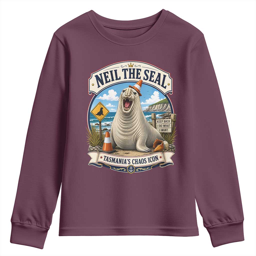 Retro Neil the Seal Tasmanias Chaos Icon Youth Sweatshirt Funny Roaring Elephant Seal Traffic Cone Meme