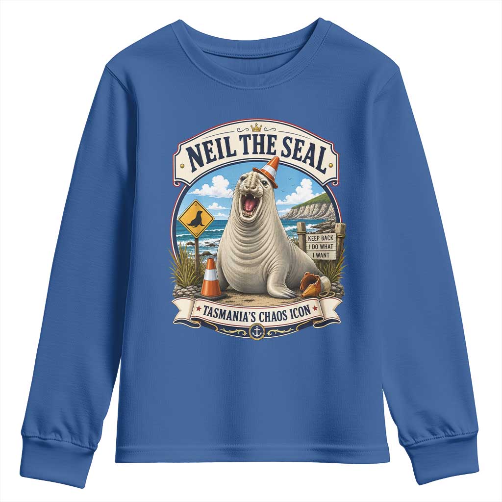 Retro Neil the Seal Tasmanias Chaos Icon Youth Sweatshirt Funny Roaring Elephant Seal Traffic Cone Meme