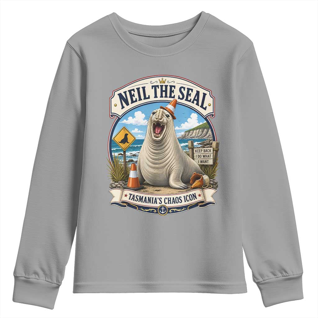 Retro Neil the Seal Tasmanias Chaos Icon Youth Sweatshirt Funny Roaring Elephant Seal Traffic Cone Meme