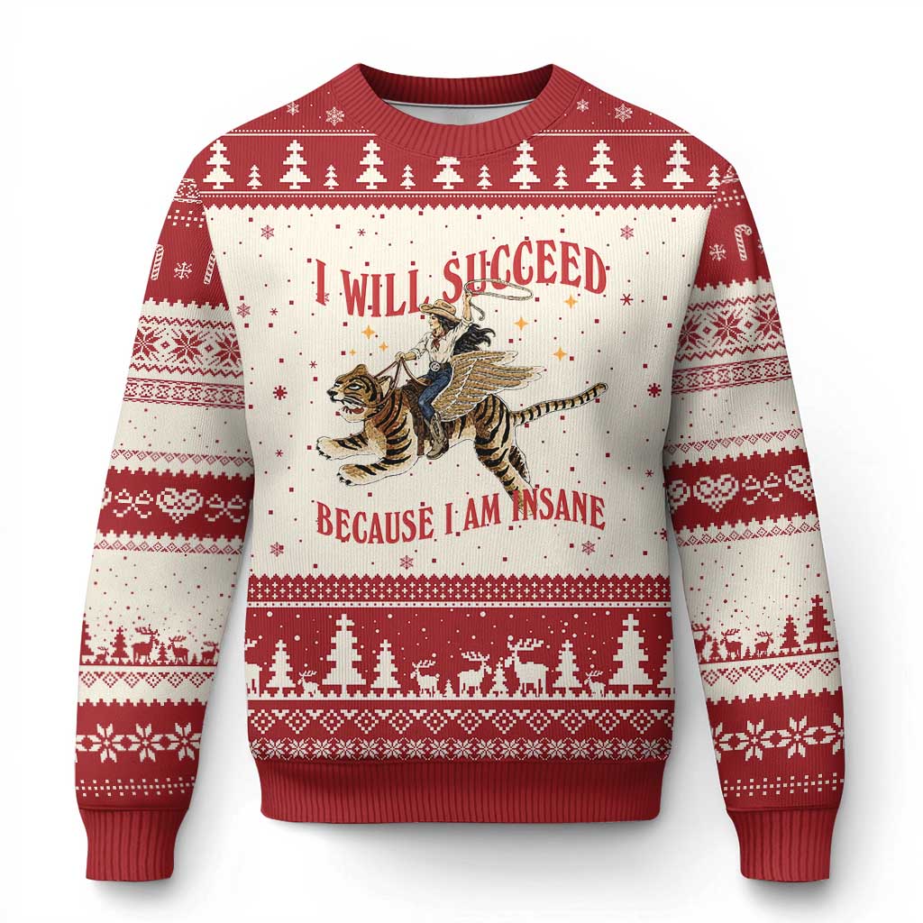 Vintage Western Cowgirl Riding Winged Tiger Graphic Ugly Christmas Sweater I Will Succeed Because I Am Insane Chaotic Motivation Meme TS02 Beige Red Print Your Wear
