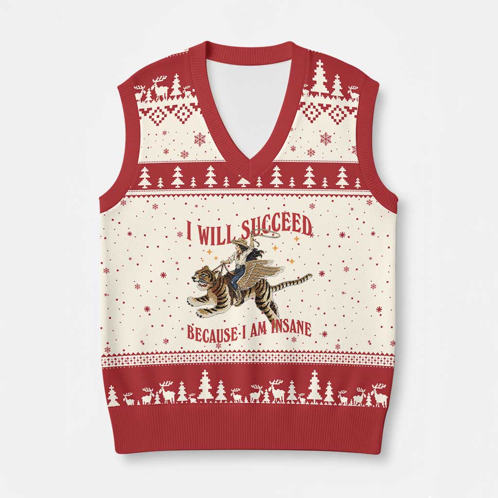 Vintage Western Cowgirl Riding Winged Tiger Graphic V-Neck Knit Sweater Vest I Will Succeed Because I Am Insane Chaotic Motivation Meme TS02 Beige Red Print Your Wear