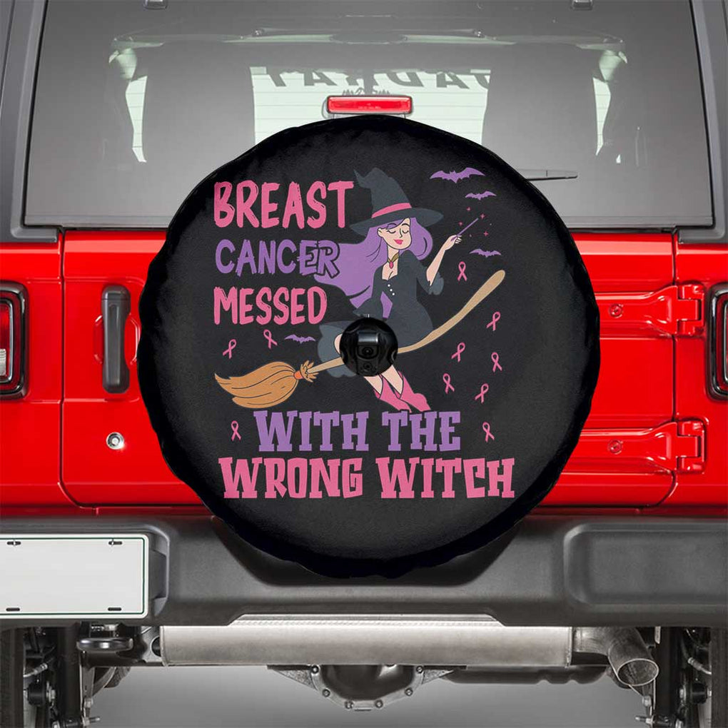 Breast Cancer Messed With Wrong Witch Spare Tire Cover Riding Stick Pink Ribbon Halloween Spooky Vibe TS02 Black Print Your Wear