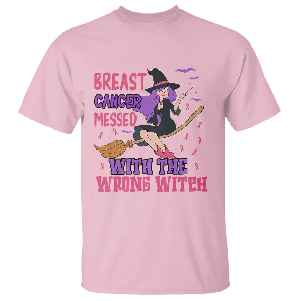 Breast Cancer Witch T Shirt Breast Cancer Messed With Wrong Witch Riding Stick Pink Ribbon Halloween Witch TS02 Light Pink Printyourwear